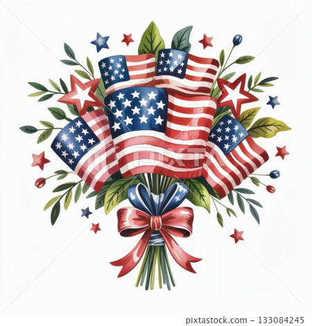 Patriotic Bouquet Featuring American Flags and Decorative Elements for Celebrations Patriotic Bouquet Featuring American Flags and Decorative Elements for Celebrations 133084245