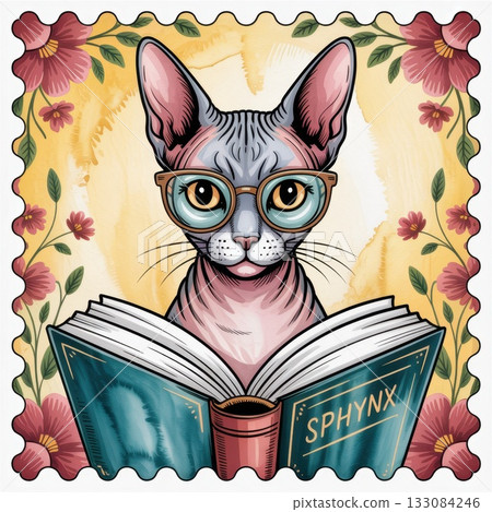 Sphynx Cat Reading a Book With Glasses in a Colorful Postage Stamp Illustration Design Sphynx Cat Reading a Book With Glasses in a Colorful Postage Stamp Illustration Design 133084246