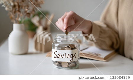 Savings concept with hand adding coins into transparent jar. Personal finance, budgeting and investment planning with warm cozy aesthetic 133084539