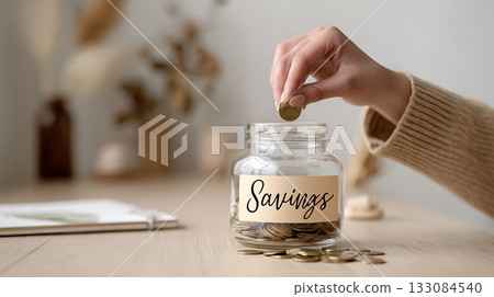 Hand holding coin over savings jar on desk. Financial planning, economic growth, and personal investment concept in bright natural environment 133084540