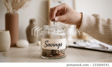 Close-up of coin going into glass jar labeled Savings. Symbol of wealth accumulation, budgeting and secure future financial planning Close-up of coin going into glass jar labeled Savings. Symbol of wealth accumulation, budgeting and secure future financial planning 133084541