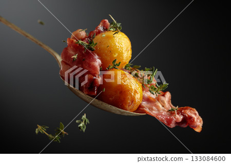 Roasted potatoes with bacon and fresh thyme. Roasted potatoes with bacon and fresh thyme. 133084600