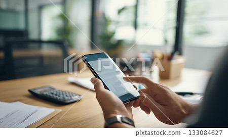 Entrepreneur scrolling through financial data on smartphone. Mobile banking, accounting and budget management in modern office setup 133084627