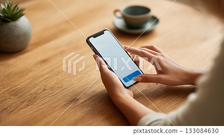 Female hand using digital banking application on smartphone. Online payments, savings control and modern financial technology concept 133084630