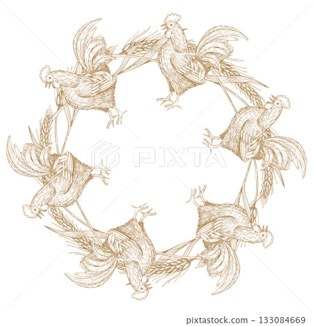 Wreath of rooster and wheat. Vector ink styled handmade illustration. For packaging design, cards, cover, prints, product labels and fabric. Wreath of rooster and wheat. Vector ink styled handmade illustration. For packaging design, cards, cover, prints, product labels and fabric. 133084669