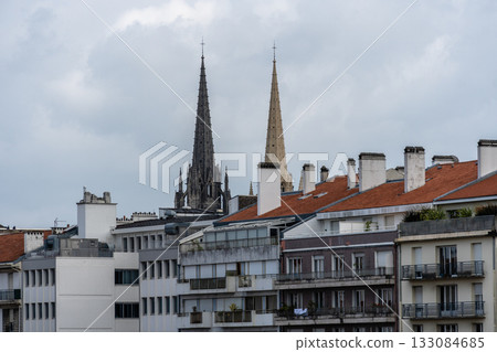 Bayonne cityscape with cathedral spires and residential buildings under a cloudy sky. 133084685