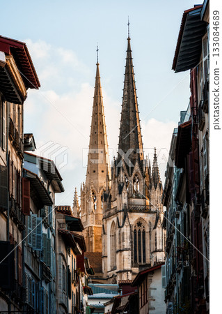 Cathedral of Sainte-Marie in Bayonne, France, framed by historic buildings. 133084689