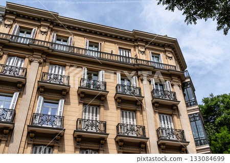 Elegant residential buildings in Castellana, Madrid, showcasing architectural details. 133084699