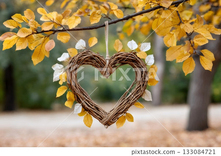 Wicker heart hanging from autumn tree branch 133084721
