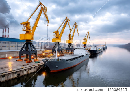 Cargo ships loading at industrial port with cranes Cargo ships loading at industrial port with cranes 133084725