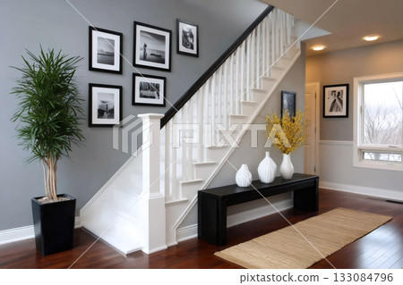 Modern home entryway with staircase and gallery wall 133084796
