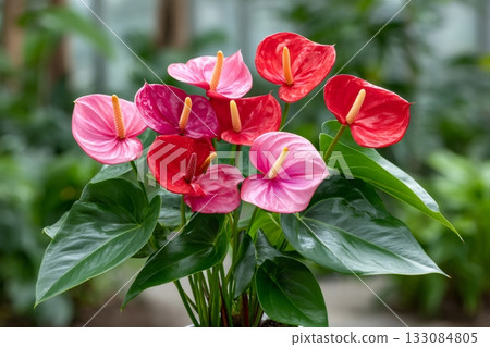 Anthurium plant blooming with red and pink flowers 133084805