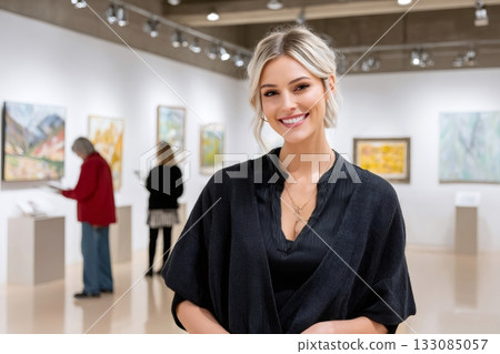 Smiling woman visiting art gallery solo exhibition 133085057