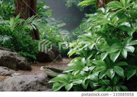 Snake peeking through lush green jungle foliage 133085058