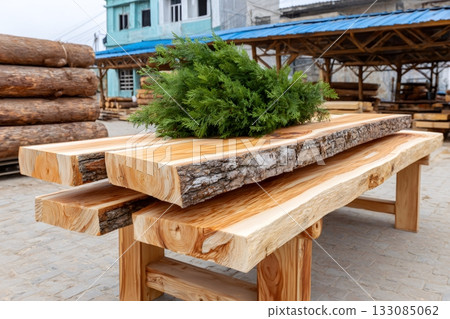 Freshly sawn live edge timber planks with pine branches 133085062