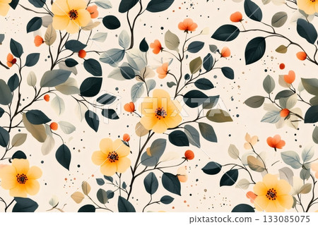 Seamless floral pattern with yellow watercolor flowers and leaves 133085075