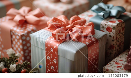 Gift boxes wrapped in decorative paper and ribbons at a festive gathering during the holiday season 133085179