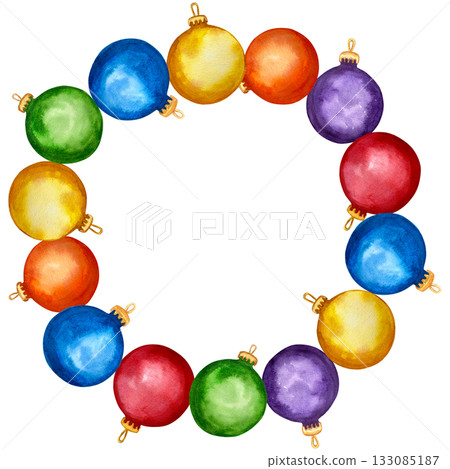 Watercolor illustration of cute winter balls arranged in a circular frame. Winter holiday design, Christmas decoration, snowflake wreath. 133085187