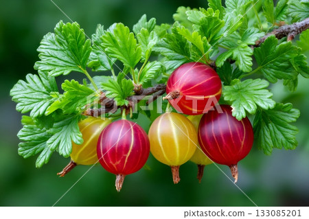 Ripening gooseberries on branch with green leaves 133085201