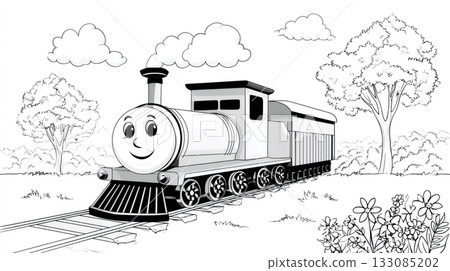 Coloring page for kids with happy cartoon train engine 133085202