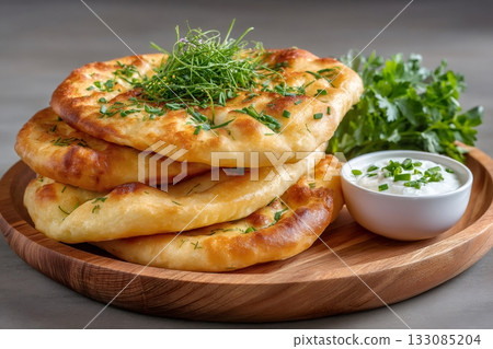 Flatbread stack with chives and sour cream dip Flatbread stack with chives and sour cream dip 133085204