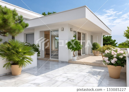 Modern luxury villa terrace with marble floor and potted plants Modern luxury villa terrace with marble floor and potted plants 133085227