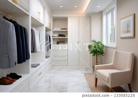 Modern luxury walk-in closet interior design with organized clothes 133085228