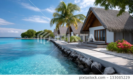 Maldives resort bungalows along turquoise ocean water 133085229