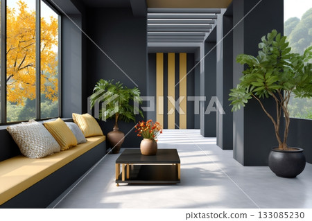 Modern interior living space with autumn tree view 133085230