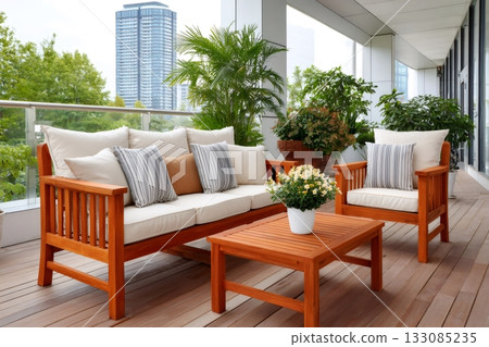 Modern wooden patio furniture on urban balcony 133085235