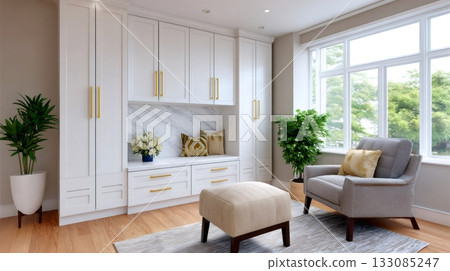Minimalist living room interior with built-in cabinetry and window view 133085247