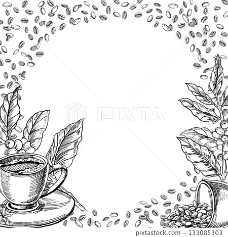 A square frame with a coffee cup, coffee beans, and branches. Realistic vector illustration for coffee shop menus, interiors, price tags, and product packaging. 133085303