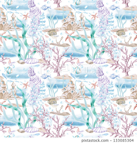 A seamless pattern featuring an underwater castle, chest, and seaweed on a blue background. A fairytale-style watercolor illustration for nautical-themed interiors, pool designs, and children's rooms. 133085304