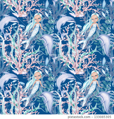 A seamless pattern featuring a mermaid, corals, dolphins, and seaweed on a blue background. A fairytale-style watercolor illustration for nautical-themed interiors, pool designs, and children's rooms. 133085305