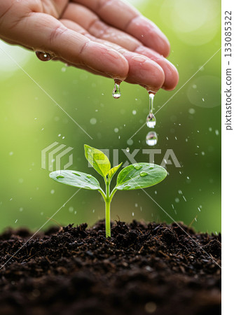 Hand Watering Young Seedling in Soil 133085322