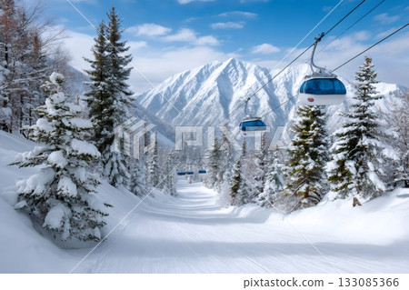 Ski resort gondola cabins traveling over snowy mountain 133085366