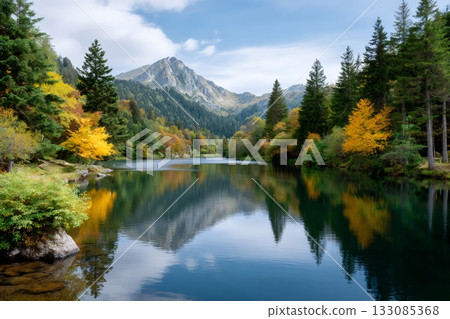 Autumn leaves reflecting in mountain lake 133085368