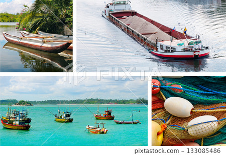Maritime Life and Logistics Collage: A Collection of Water Transport and Coastal Scenes. Maritime Life and Logistics Collage: A Collection of Water Transport and Coastal Scenes. 133085486