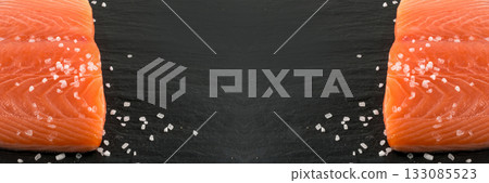 Fresh Salmon Fillet, Raw Norwegian Red Fish, Trout Meat Piece, Fresh Atlantic Salmon Fillet on Black 133085523