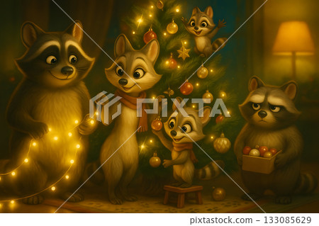 Warm Raccoon Family Decorating a Christmas Tree with Ornaments Lights and Garland in a Cozy Living Room Setting Evoking Togetherness Playfulness and Festive Holiday Tradition 133085629