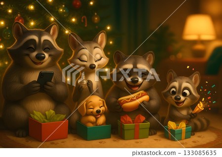 Friendly Raccoon Family Examining Christmas Gifts Around a Decorated Tree with a Puppy in a Cozy Warm Living Room Filled with Glowing Lights Candles and Playful Holiday Interaction Friendly Raccoon Family Examining Christmas Gifts Around a Decorated Tree with a Puppy in a Cozy Warm Living Room Filled with Glowing Lights Candles and Playful Holiday Interaction 133085635
