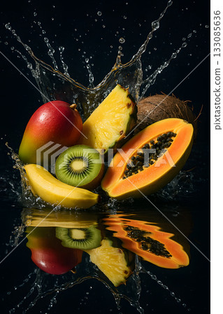 Dynamic Fruit Splash Composition Featuring Mango Kiwi Papaya Banana Pineapple and Coconut Midair with Glossy Surfaces Explosive Water Effects and High Contrast Lighting for Exotic Visuals Dynamic Fruit Splash Composition Featuring Mango Kiwi Papaya Banana Pineapple and Coconut Midair with Glossy Surfaces Explosive Water Effects and High Contrast Lighting for Exotic Visuals 133085636