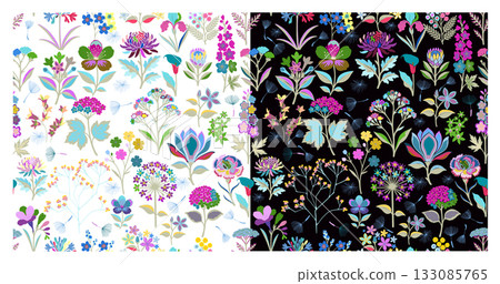 Blooming Meadow Boho Seamless Pattern dark and light background. Hand drawn. Not AI, vector illustration. Blooming Meadow Boho Seamless Pattern dark and light background. Hand drawn. Not AI, vector illustration. 133085765