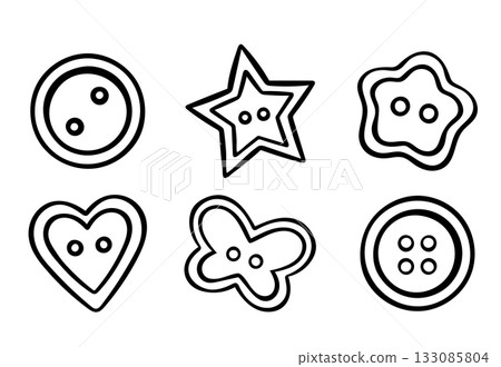 vector set, buttons for sewing and embroidery, round, star, butterfly, heart, flower, simple black and white icon, doodle and sketch style 133085804