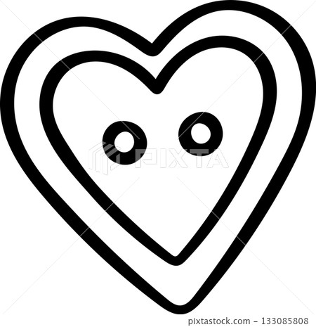 Doodle style illustration of a classic heart-shaped button for sewing, simple black and white sketch icon. Hand-drawn embroidery notion perfect for tailoring and DIY craft themes 133085808