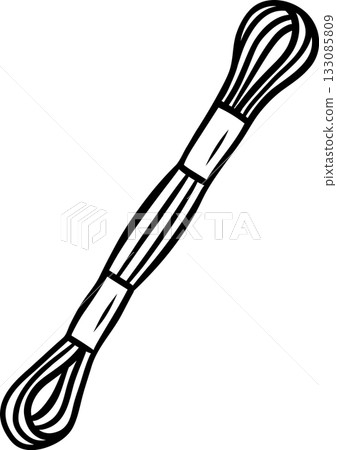 Simple black and white icon set as a doodle, floss threads in sketch style. Minimalist illustration of knitting accessories for textile crafts and tailoring supplies 133085809