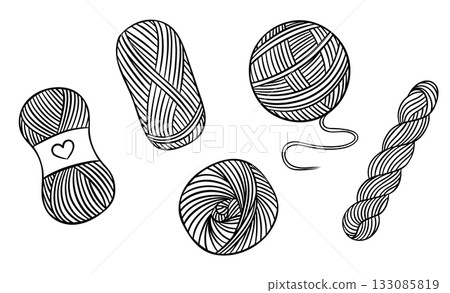 vector set, different skeins of yarn for knitting, simple black and white icon, doodle and sketch style 133085819