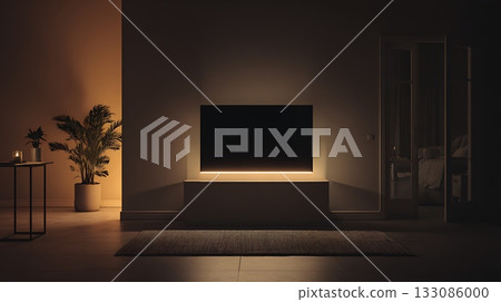 Minimalist living room at night with flat-screen TV backlit by warm glow. Simple design with plants, rug and ambient lighting. Everyday technology in modern home interior Minimalist living room at night with flat-screen TV backlit by warm glow. Simple design with plants, rug and ambient lighting. Everyday technology in modern home interior 133086000