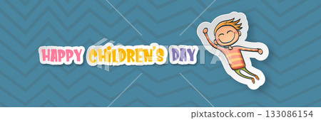 World childrens day wide banner with little funny cute boy isolated on abstract blue background. Vector happy world childrens day poster concept with funny cartoon smiling child. 20 november kids day 133086154