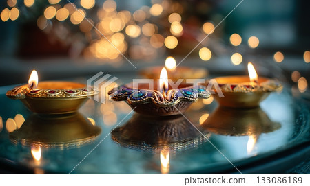 Traditional Diwali diyas with intricate gold and jewel details shining brightly. Reflections on glass and twinkling lights in background enhance festive celebration mood Traditional Diwali diyas with intricate gold and jewel details shining brightly. Reflections on glass and twinkling lights in background enhance festive celebration mood 133086189